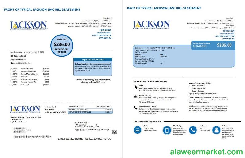USA Georgia JACKSON EMC utility bill template in Word and PDF format (2 pages)